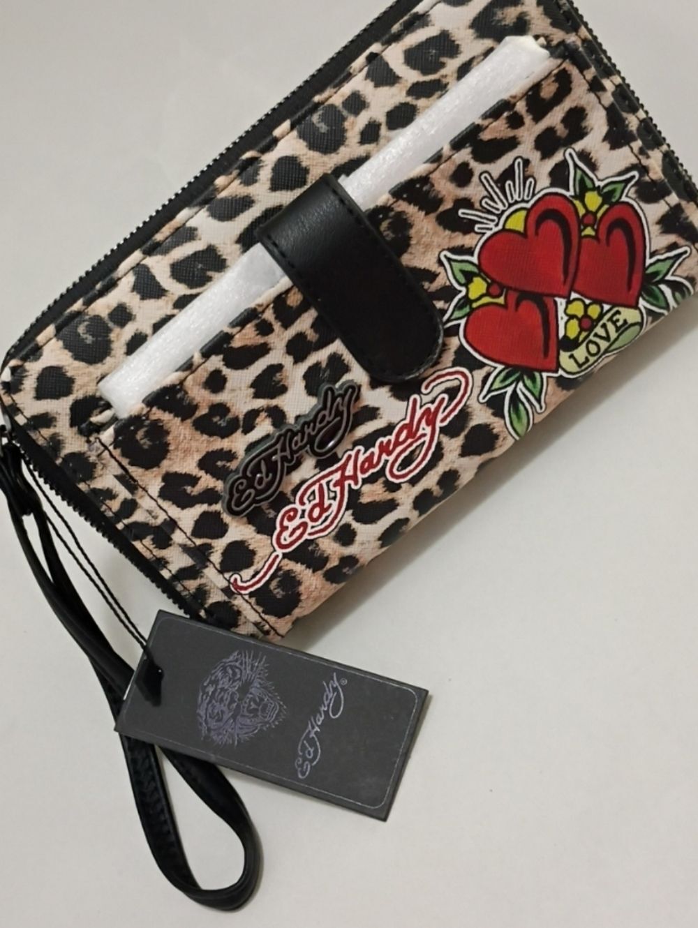 Ed Hardy Leopard Print Wristlet  Red Heart Signature Tattoo Accent
